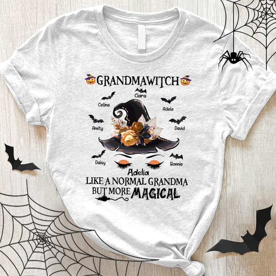 Grandma Witch Halloween Shirt, Personalized Grandma With Grandkids Name, Magical Grandma Shirt, Halloween Grandma Shirt