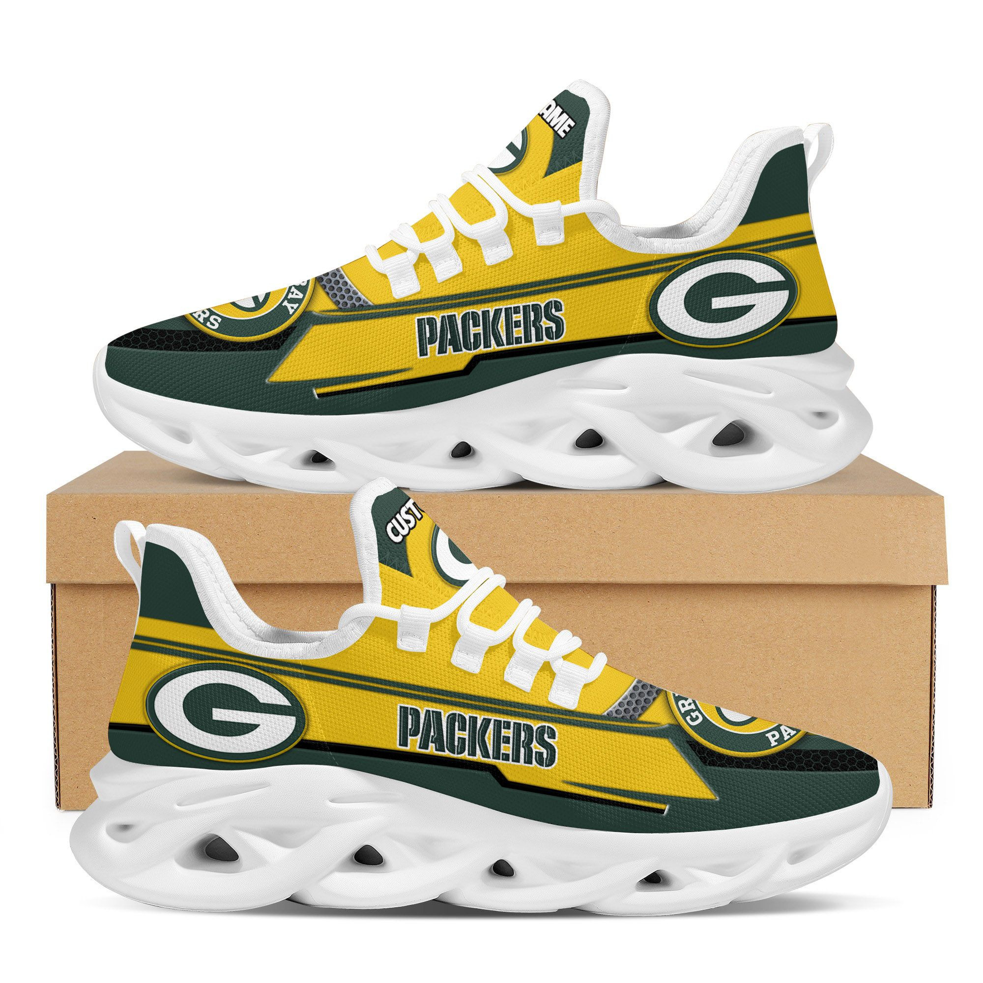 Green Bay Packersfootball Team Symbol Geometric Pattern Custom Name Personalized 3D All Over Print Max Soul Sneakers For Men And Women