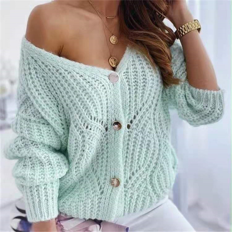 2022 Autumn Winter Sweater Women’s Casual Loose Button Hollow Out Thick Needle Sweater Solid Color Cardigan Sexy Long Sleeve Top alx