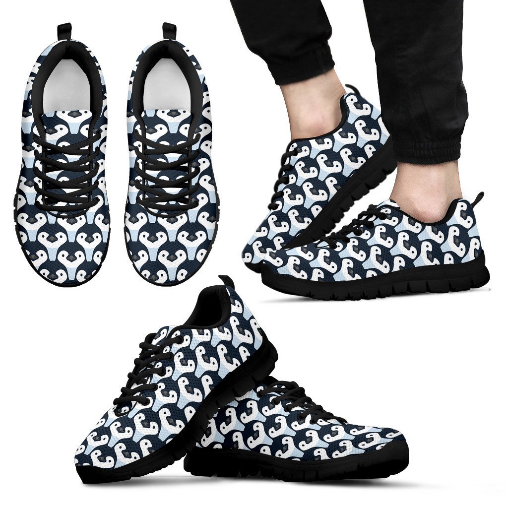 Penguin Face Pattern Print Black Sneaker Shoes For Men Women