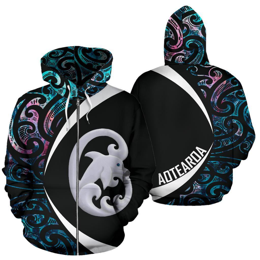 Aotearoa Maori Dolphin Zip Hoodie, Koru Aihe Paua Shell Full Zip Hoodie