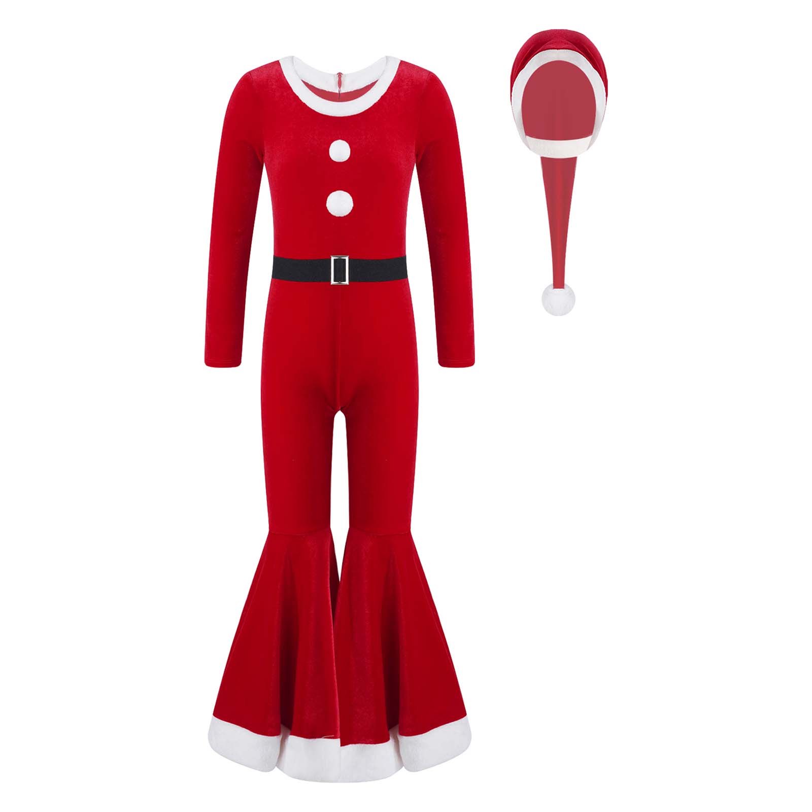 Winter Kids Girls Velvet Christmas Costume Xmas Dress Up Long Sleeves High Waist Flared Bell Bottoms Long Bodysuit With Hat Set alx