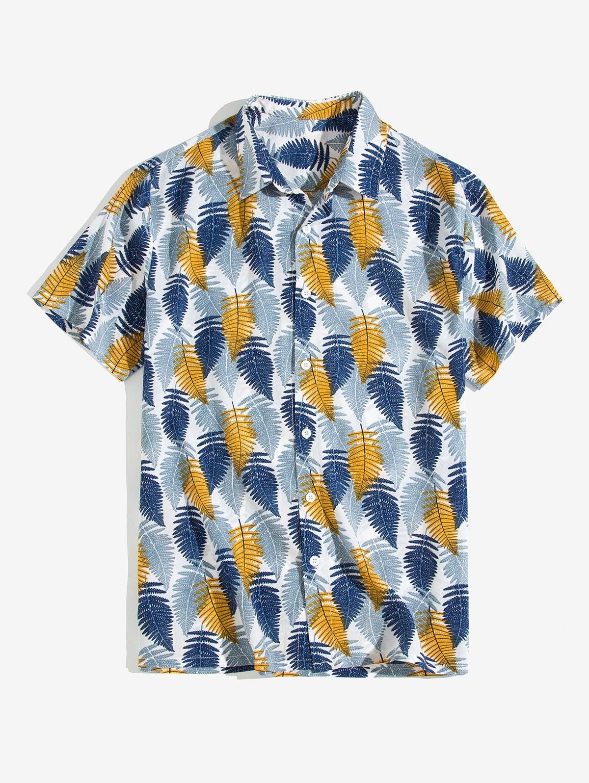 Hawaiian Leaf Contrast Print Casual Short Sleeve Shirt Ha60496