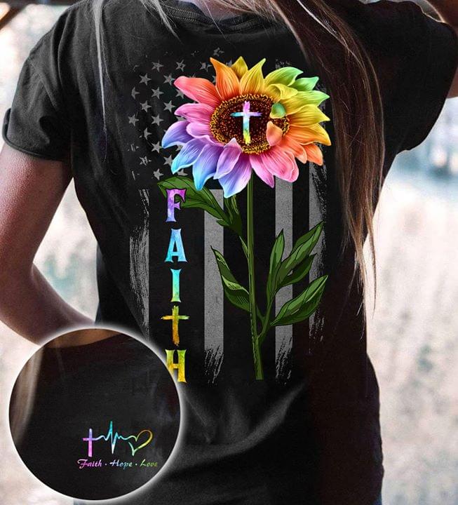 God Faith Hope Love Sunflower Us Flag Heart Beat Cotton T Shirt