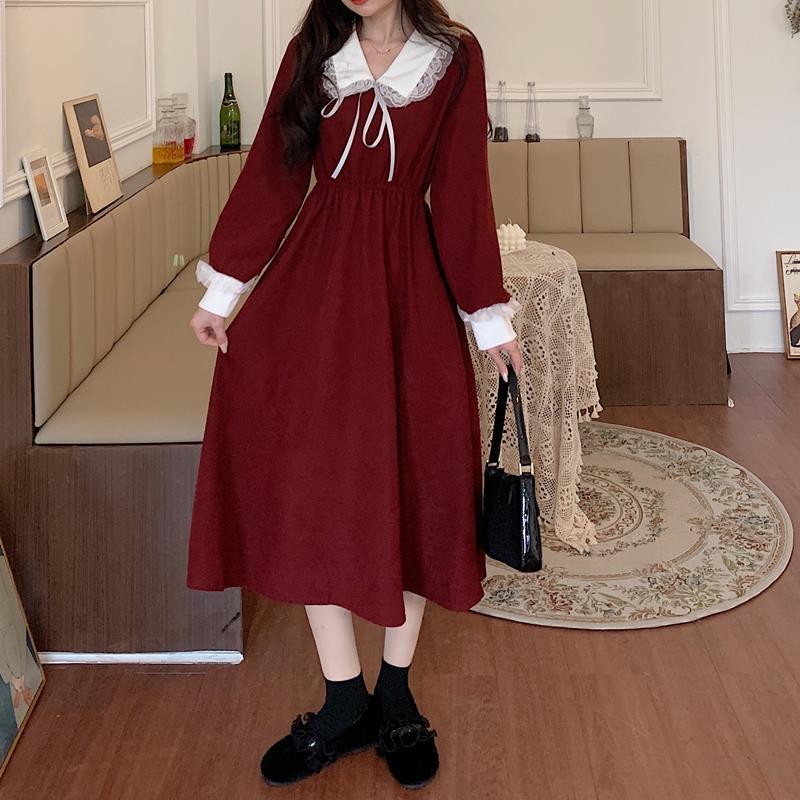 2022 Spring and Autumn New Vintage Christmas Red Dress for Female Students Korean Version with Thin Waist and Long Skirt Solid alx