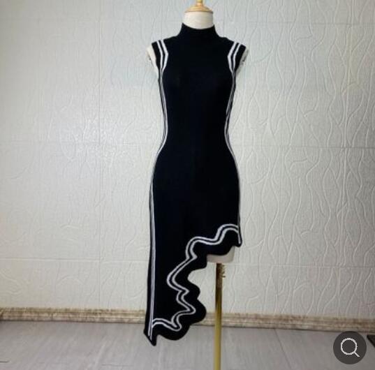 Start New 2022 Asymmetrical Wavy Hem Round Collar Sky Blue black Striped Knit Sleeveless Dress sexy female knitting dress alx