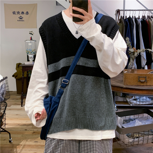 Striped Sweater Vests Men Korean Style Side-slit V-neck Oversize Couple Stylish Homme Knitwear All-match Sleeveless Jumpers Chic alx