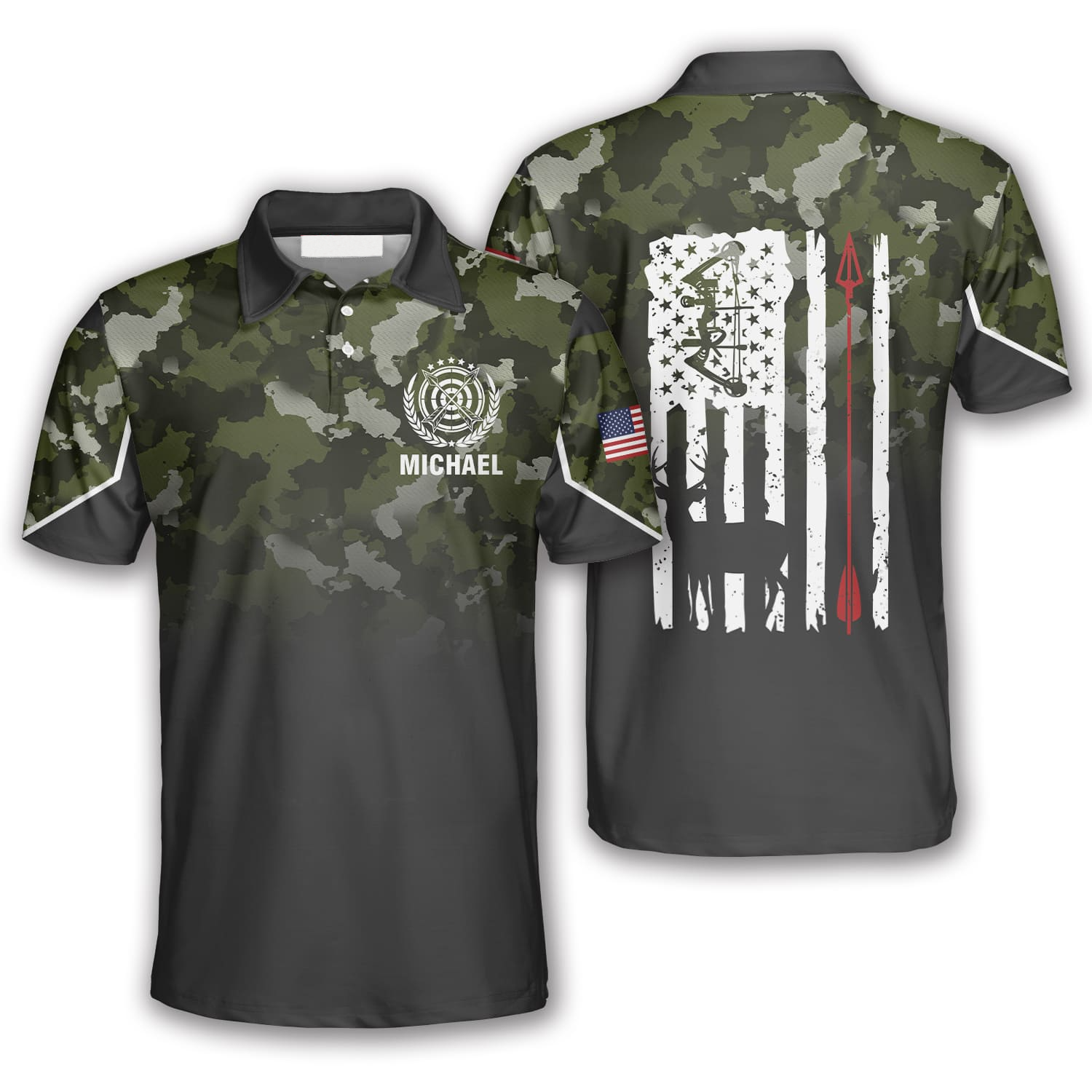 3D All Over Print Gradient Camo American Flag Custom Archery Polo Shirts For Men