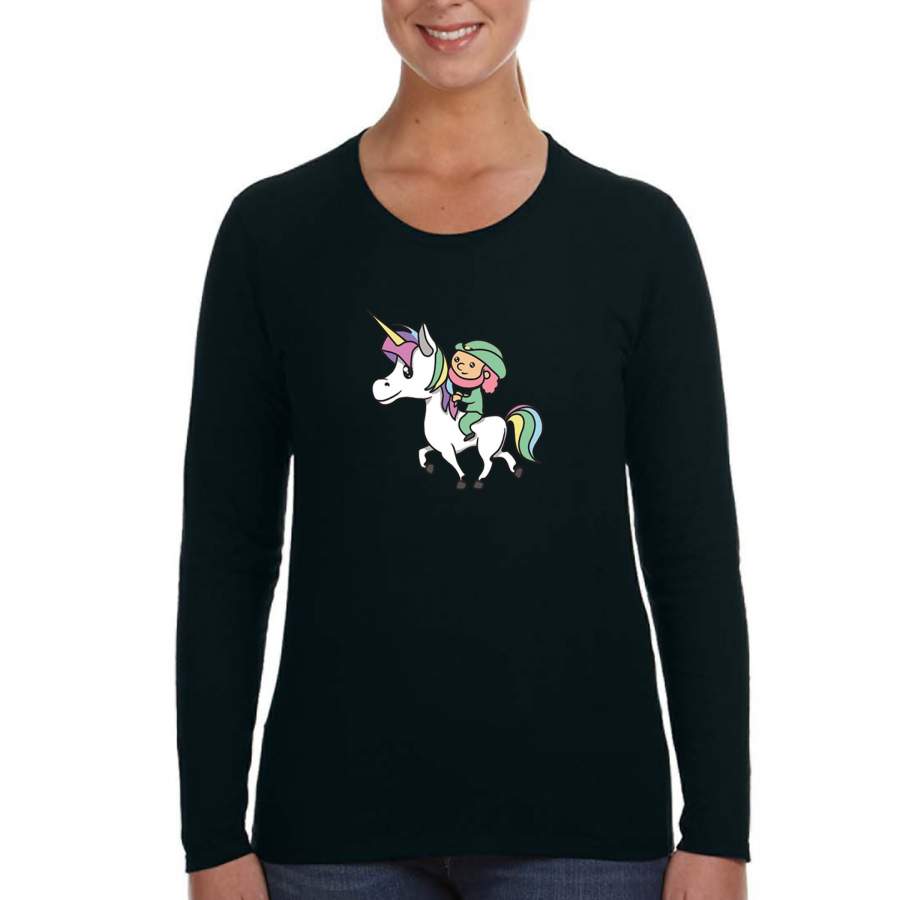 XtraFly Apparel Women’s Leprechaun Riding Unicorn Shamrock St. Patrick’s Irish Long Sleeve T-Shirt