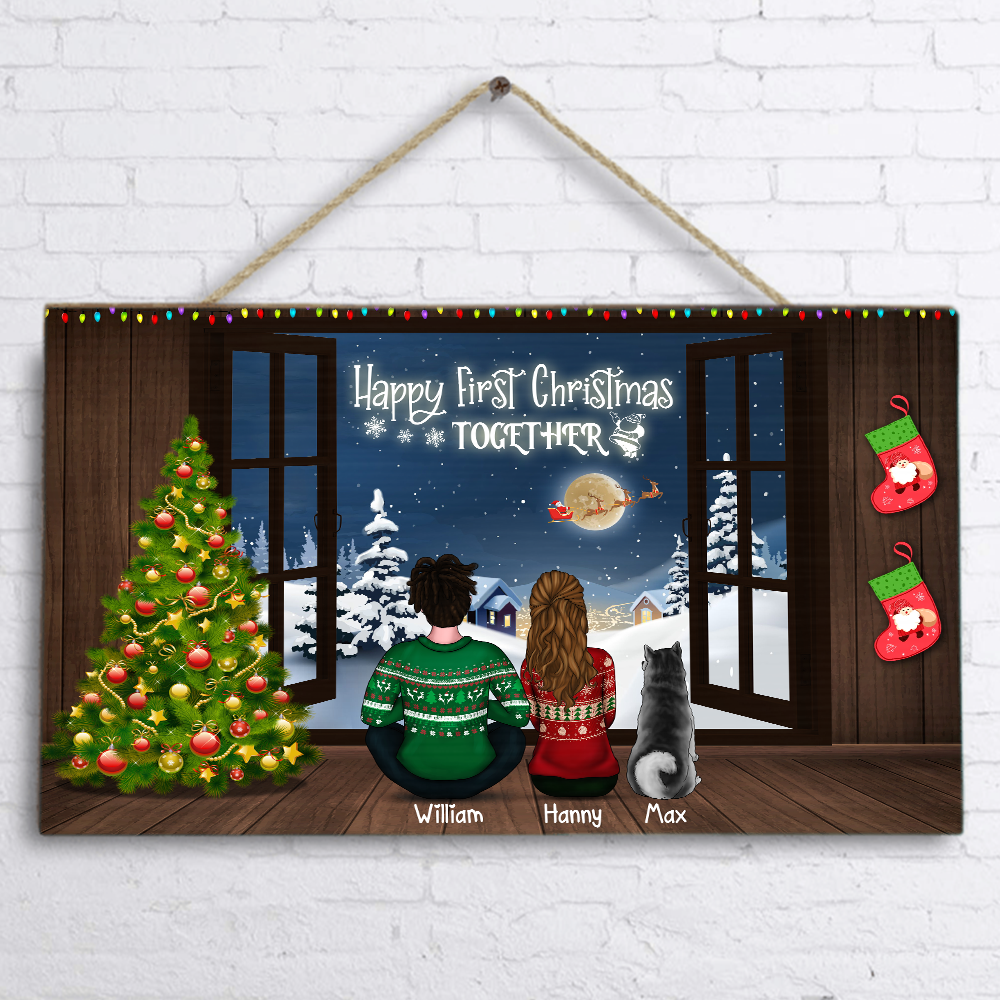Tmarc Tee Happy First Christmas Together Personalized Rectangle Wood Sign, Best Gift For Family Couple Christmas Occasion