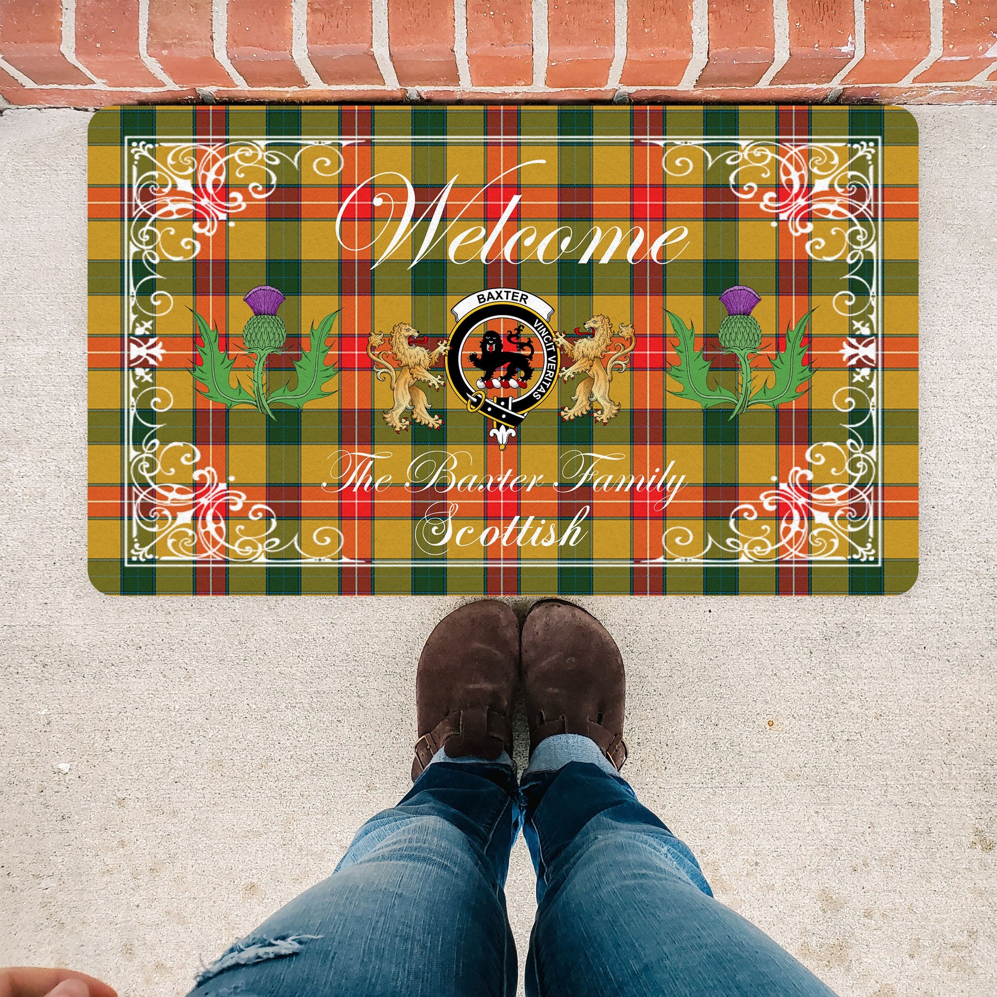 Scotstee Shop Tartan Door Mats Clan Baxter Badge Tartan Thistle And Two Lion Scottish Plaid Doormat, Christmas Door Mat Gift