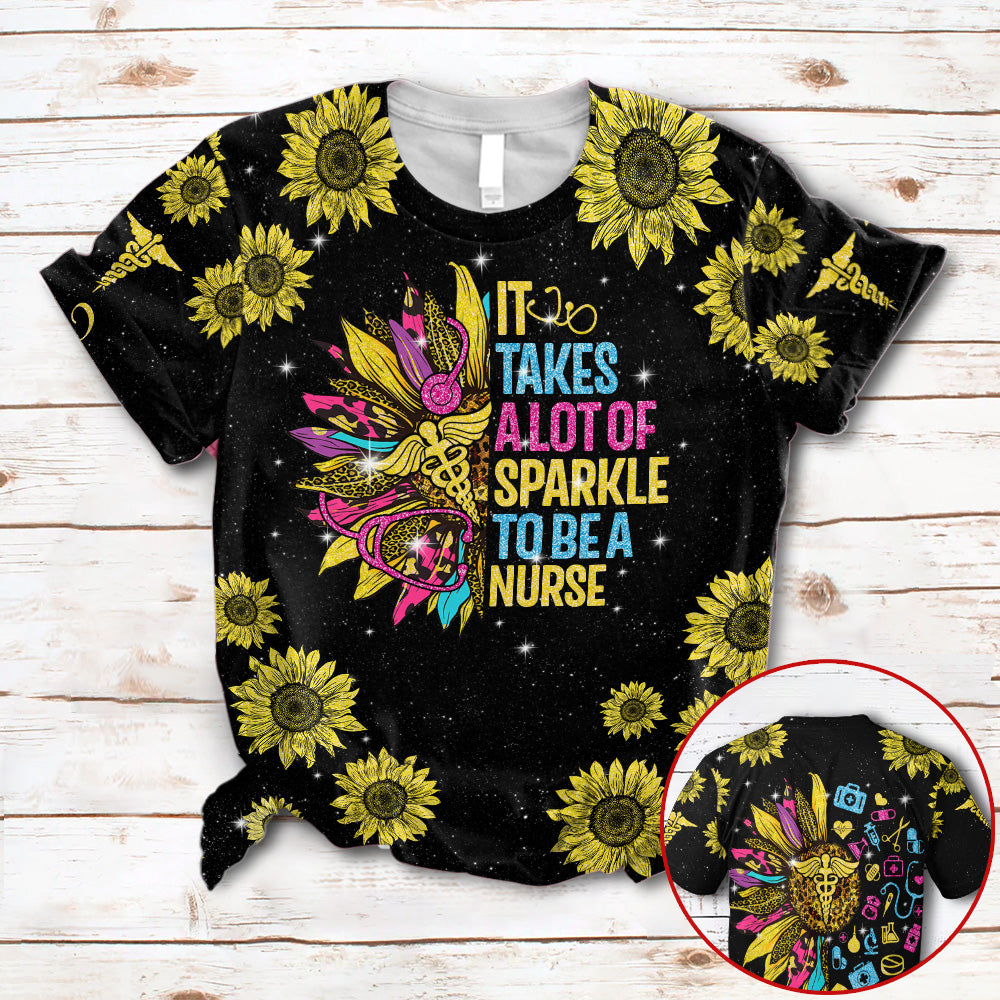 Personalized It Takes A Lot Of Sparkle To Be A Nurse Glitter Sunflower Custom Type Of Nurse 3D All Over Print Shirt