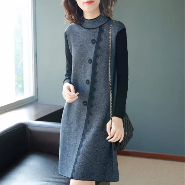 Spring Autumn Sweater Dress Women Turtleneck Knitting Slim Long Sleeve Lace Patchwork Knee-Length Oversize alx