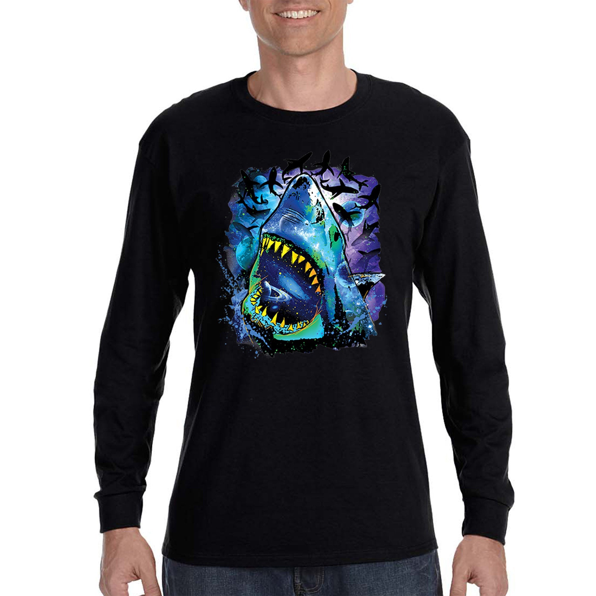 Xtrafly Apparel Men’S Cosmic Shark Great White Cosmo Space Galaxy Moon Earth Mars Alien Ufo Fish Fishing Swimming Ocean Long Sleeve T-Shirt