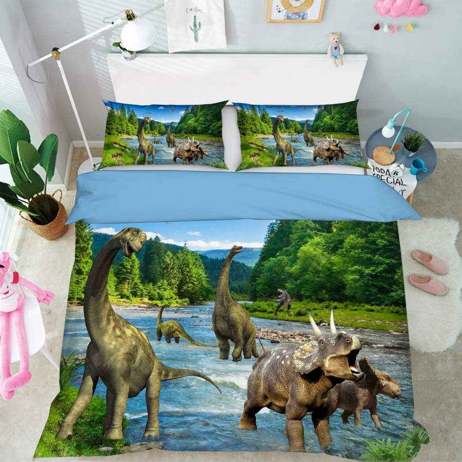 3D Dinosaur Forest River Quilt Cover Set Bedding Set Pillowcases 82