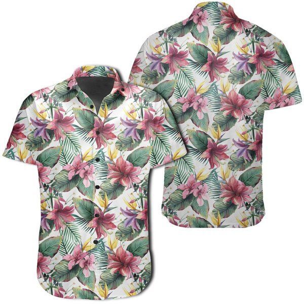 Tropical Palm Leaf White Hawaiian Shirt