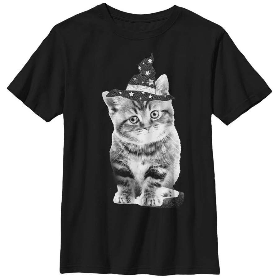 Lost Gods Boy’s Halloween Witch Kitten  T Shirt Black