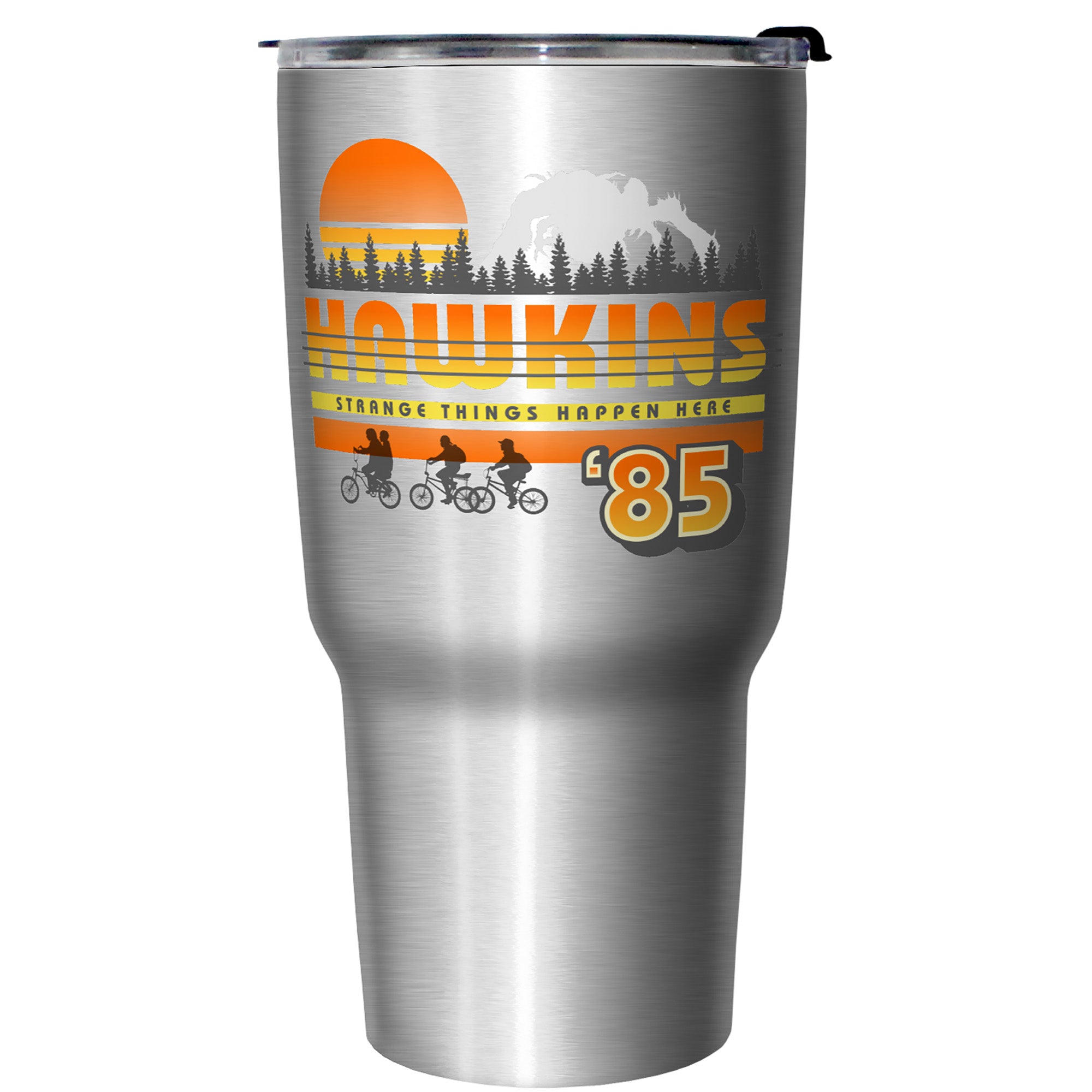 Stranger Things Hawkins Bike Ride Strange Things Happen Here Stainless Steel Tumbler With Lid