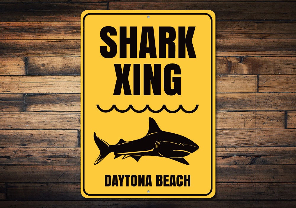 Shark Xing Sign, Personalized Beach Location Name Decor, Custom Shark Lover Gift, Ocean Waves Sea Decor, Shark Area Decor – Novelty Aluminum