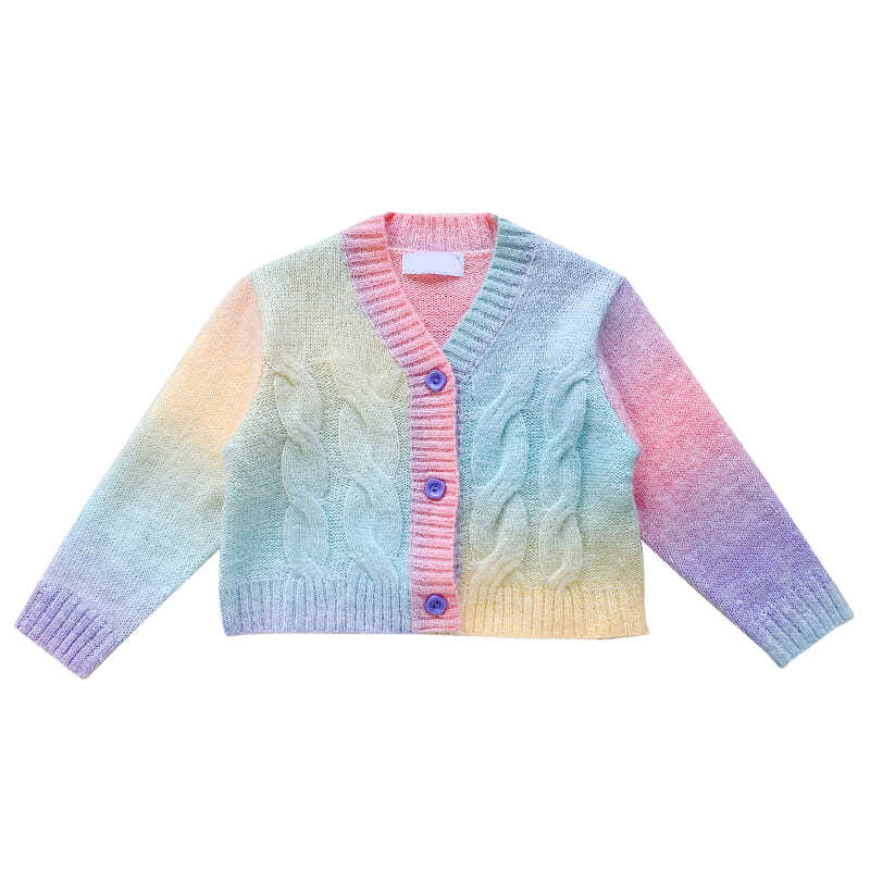 2022 New Girls’ Autumn Clothes Rainbow Knitted Cardigan Children’s Foreign Style Sweater Pullover Baby Knitted Sweater alx