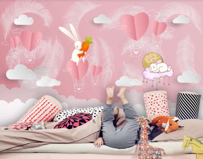 3D Hand-Painted Rabbit Feather Hot Air Balloon Wall Mural Wallpaper Sww2782