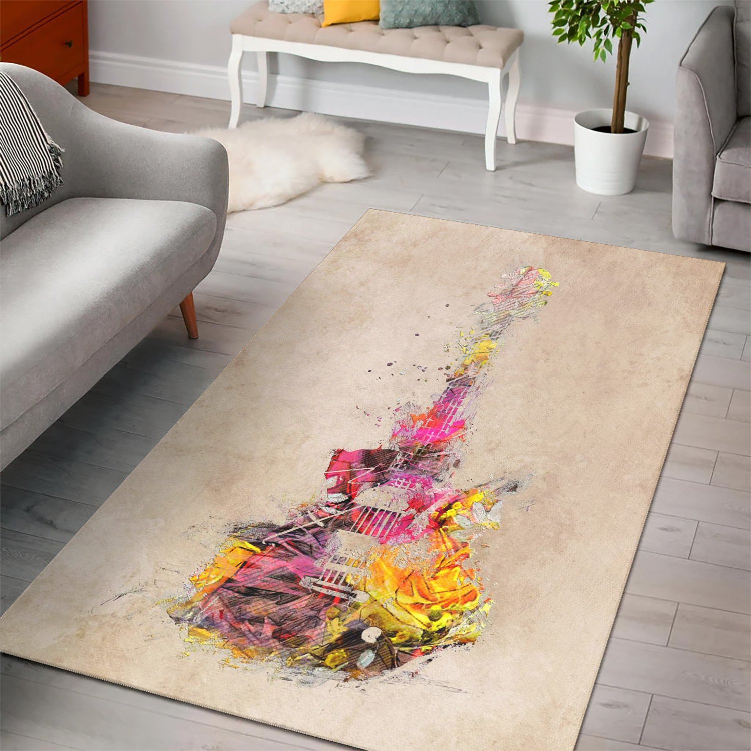 Guitar Yellow Art  Rug, Living Room Rug,  Halloween Gift