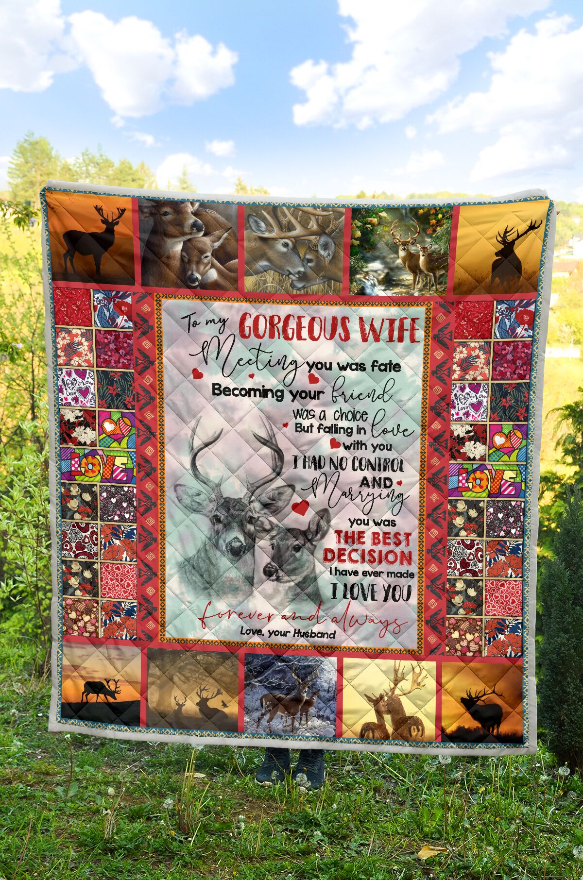 ViticStore™ Couple of Deers Gift to Wife- Red Details & White Shade- Cotton Kingsize Quilt