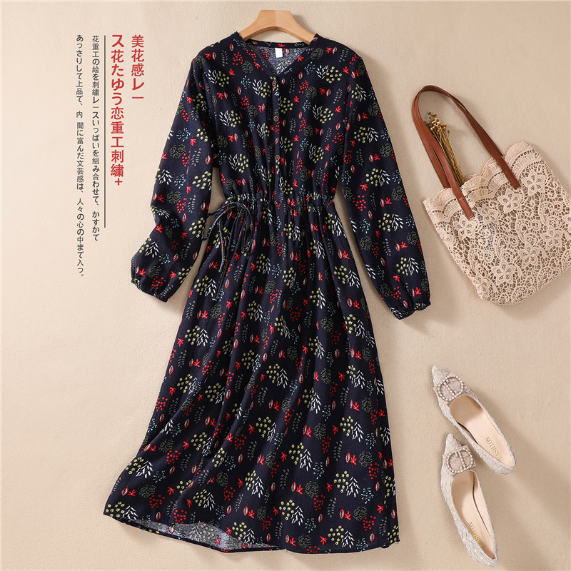 2022 New Print Floral Cotton Linen Vintage Autumn Dress Draw String Slim Office Lady Work Dress Women Casual Spring Midi Dress alx