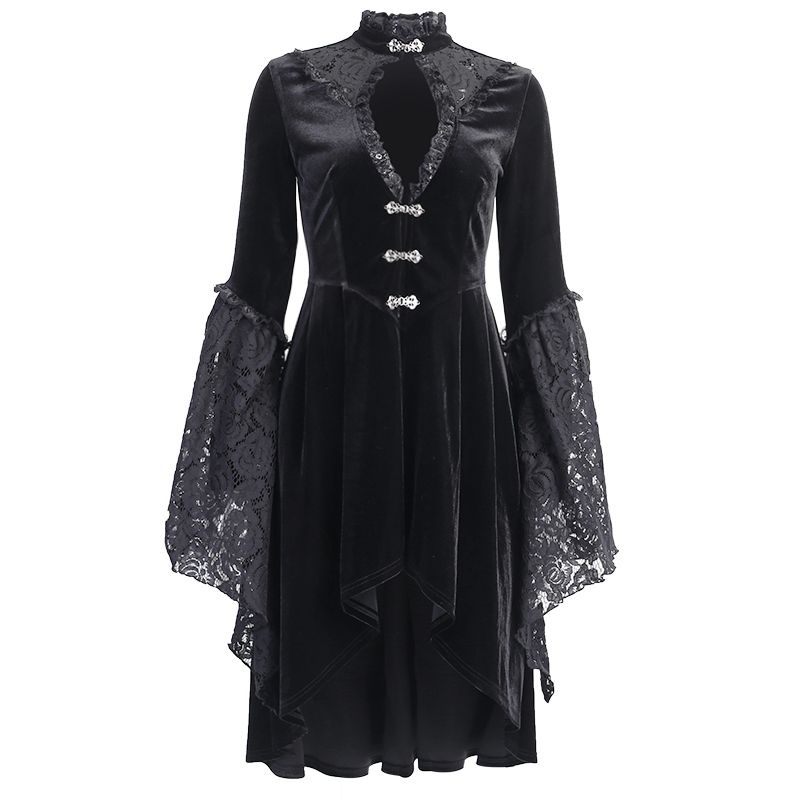 Stylish Black Frock Lace Stitching Dress Gothic Lolita Dress Hollow Pleated Dress Dark Streetwear Irregular Frock alx