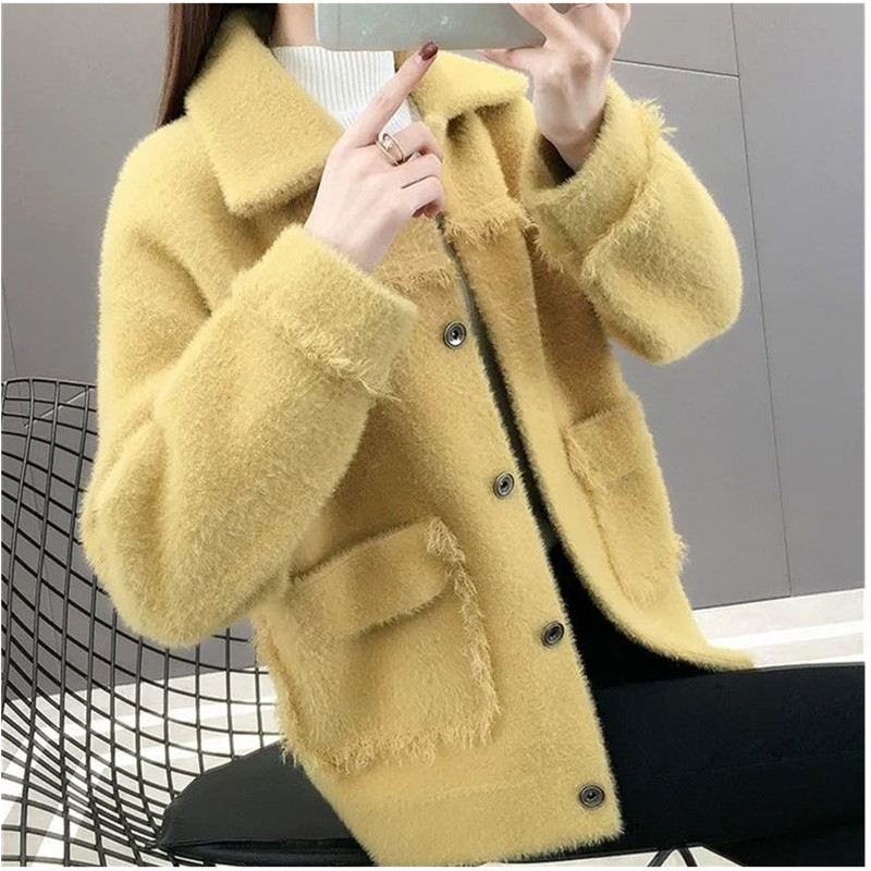 Women’s Faux Mink velvet Sweater Jacket 2022 New Winter Warm Short Wool Coat With Pockets Solid Casual Female Cardigan Outwear alx