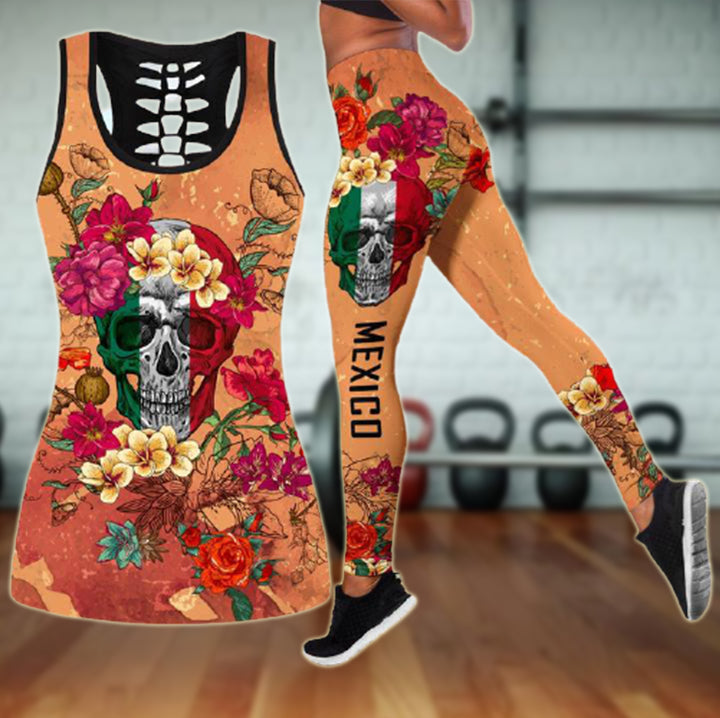 3D Mexican Floral Skull Combo Hollow Tank & Legging Outfit 131