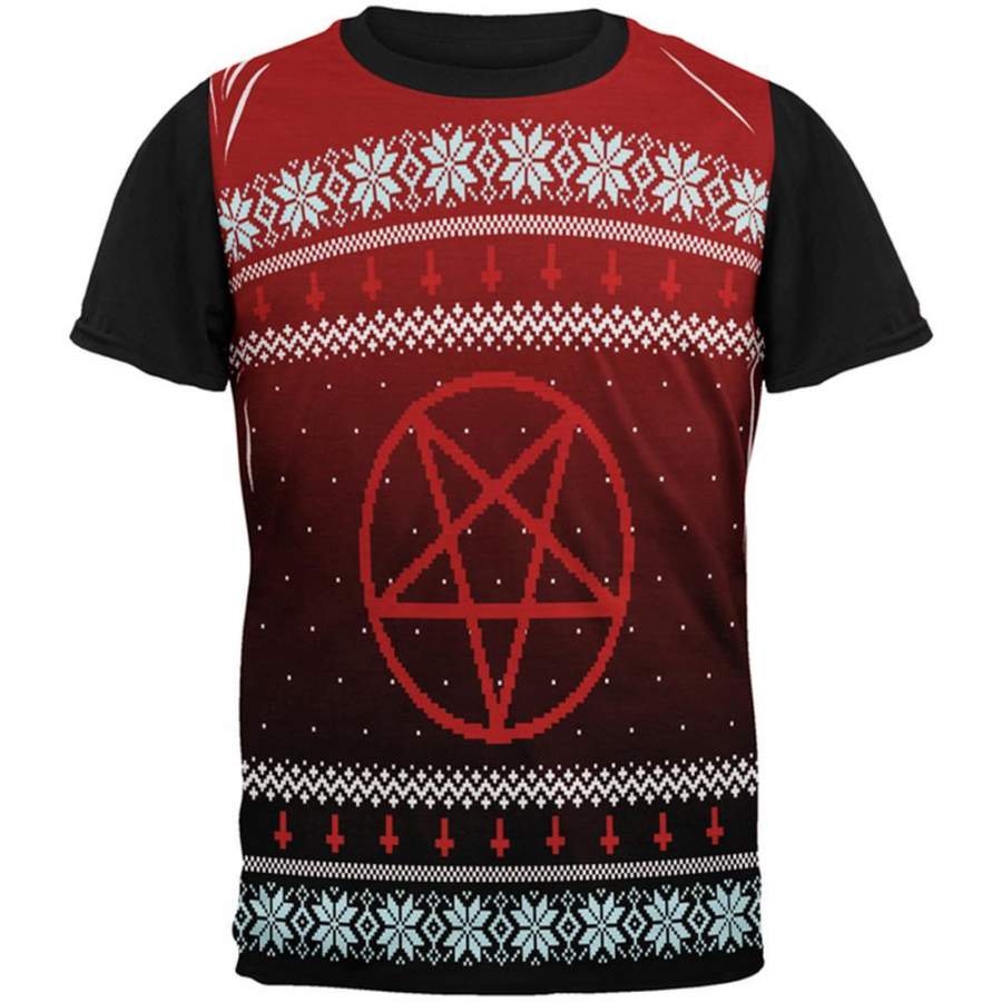 Ugly Christmas Sweater Red Black Pentagram Ombre All Over Mens Black Back T Shirt