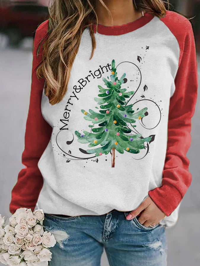 Women’S Merry And Bright Christmas Tree Print Casual Sweatshirt