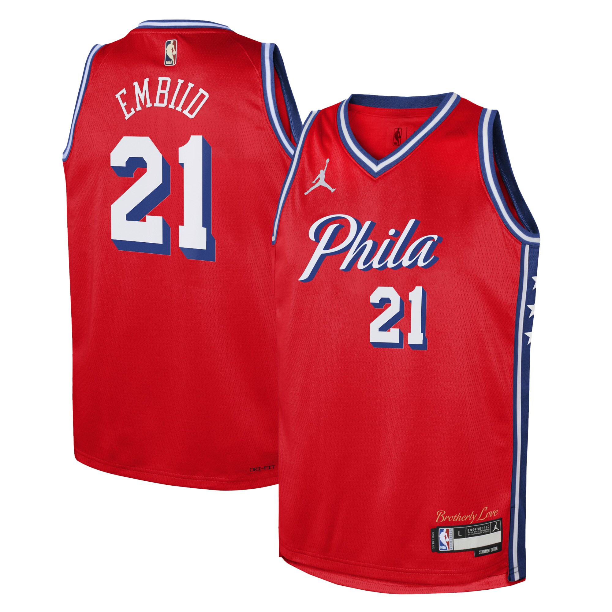 Philadelphia 76ers Jordan Statement Edition Swingman Jersey 22 – Red – Joel Embiid – Youth