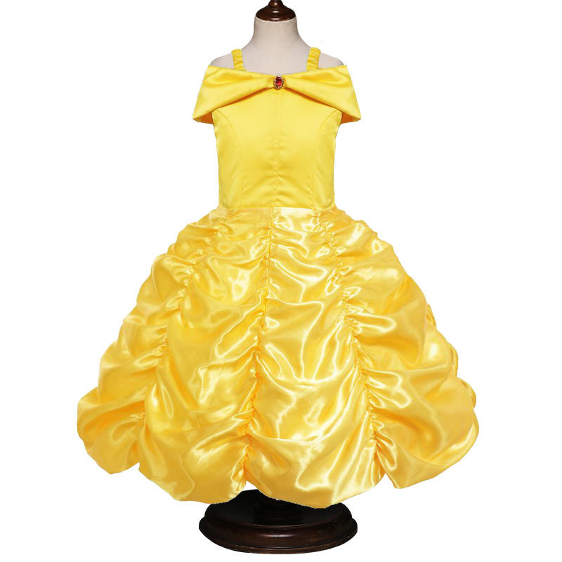 yellow Belle Princess Dress cosplay Draped Girls dress Crown magic stick Party Kids dress for girls Clothing Birthday Ball Gown alx