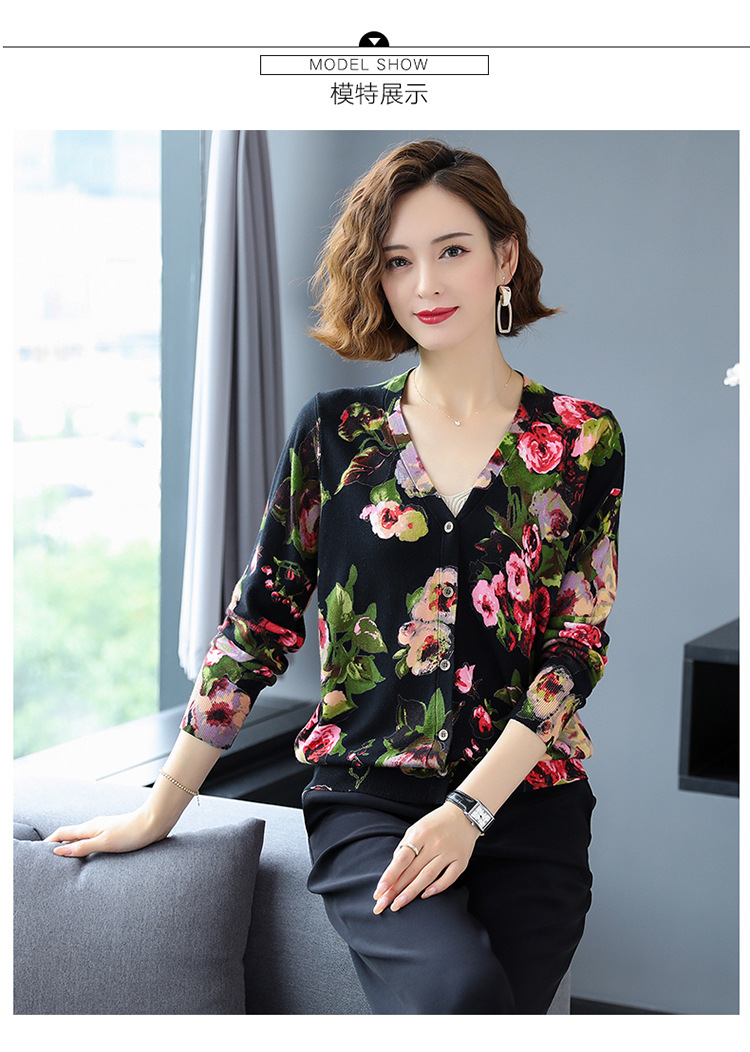 2021 Autumn Casual Knitted Long sleeve V-neck Knit Top Sweater Soft Fashion Flower print sweater Women alx