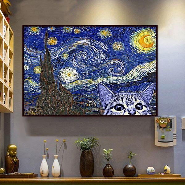 Starry Night Cat Kitten – Unframed Horizontal Poster