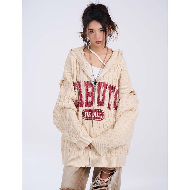 Women Apricot Hooded Sweater Outerwear Splicing Letter Print Fashion Vintage Lazy Wind Leisure Winter Knitting Cardigan Tops alx