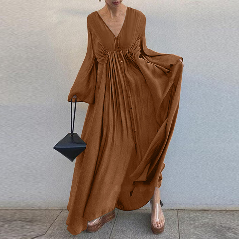 ZANZEA 2022 Elegant Solid Shirt Dress Women Spring Sundress Long Sleeve Maxi Vestidos Female V neck Casual Baggy Robe alx