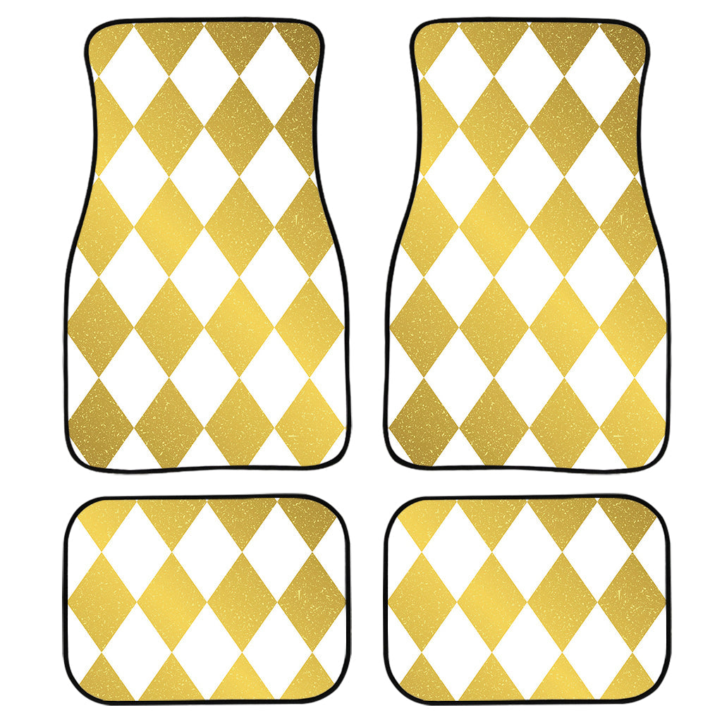 White And Gold Harlequin Pattern Print Front And Back Car Floor Mats, Front Car Mat