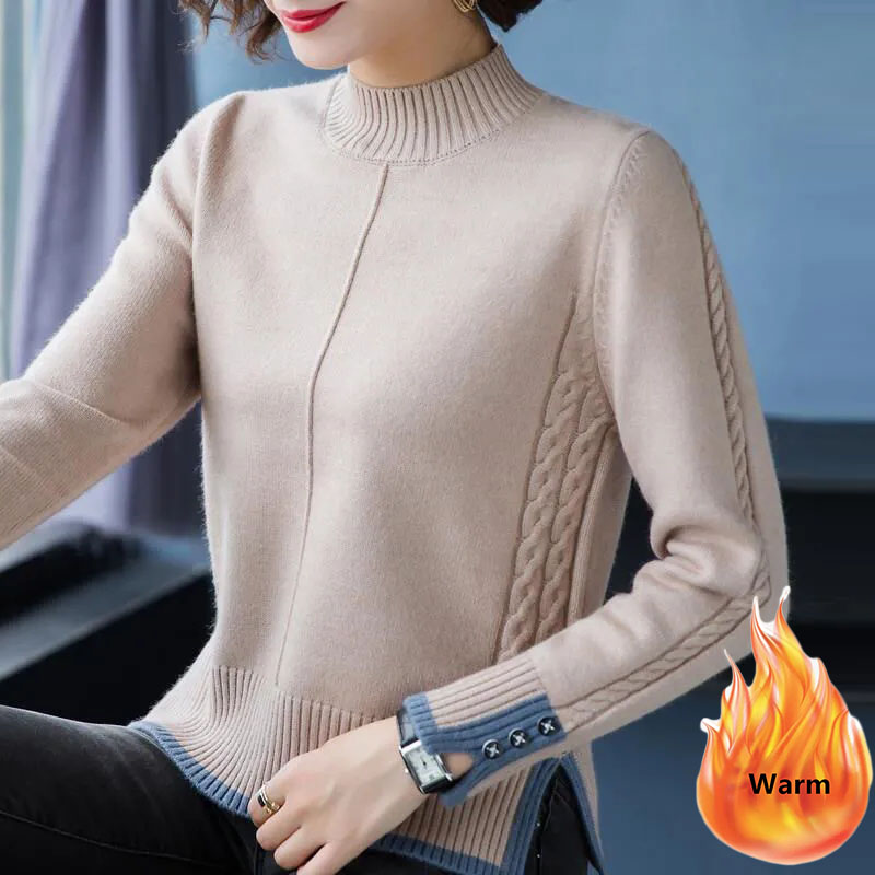 Women Plus Velvet Bottoming Sweater Half Turtleneck Winter Warm Thicken Long Sleeve Knitted Pullovers Korean Casual Elegant Tops alx