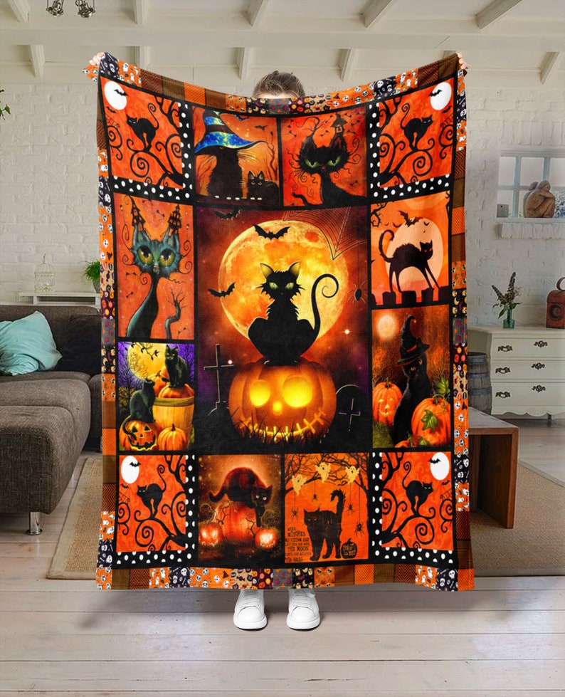 3D Black Cat Halloween Orange Fleece Sherpa, Black Cat Pumpkin Moon Halloween Premium Blanket, Halloween Gift Idea, Happy Halloween, Fleece Blanket, Sherpa Blanket