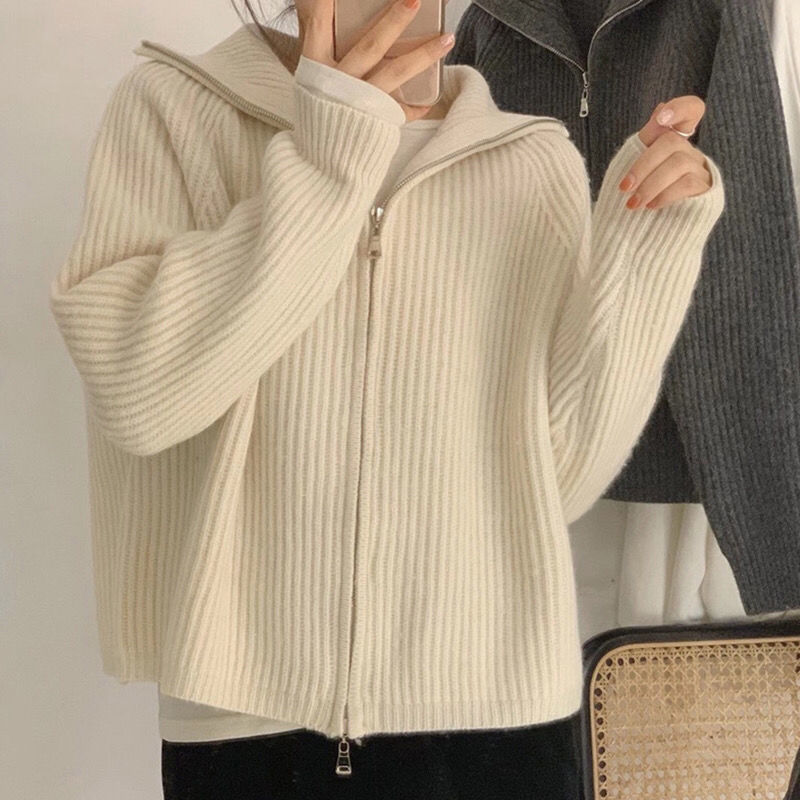 Sweater Cardigan Women Spring New Solid Vintage All-match Elegant Zipper Loose Daily Soft Sweet Simple Casual Knitwear Chic Teen alx