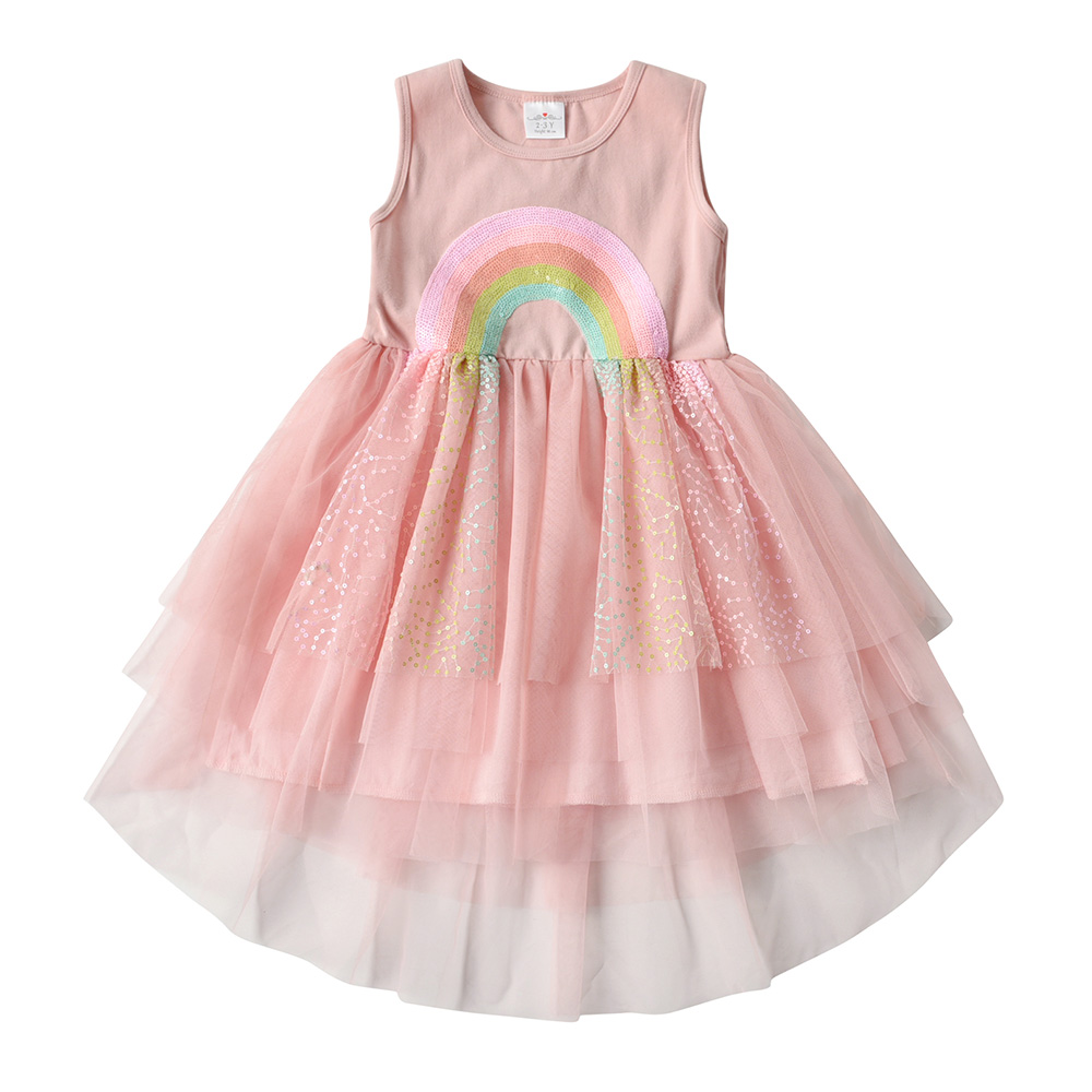 VIKITA Kids Sleeveless Dresses for Girls Rainbow Sequined Dress Kids Summer Cotton Mesh Tulle Patchwork Dress Children Clothing alx