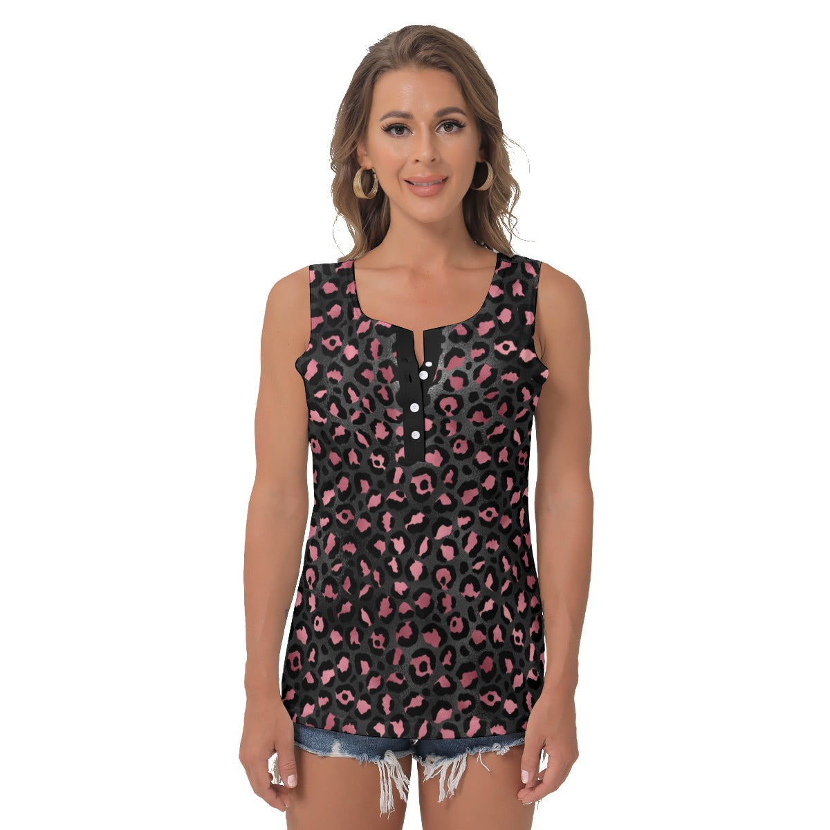 Black Leopard Women’S Button Sleeveless Tank