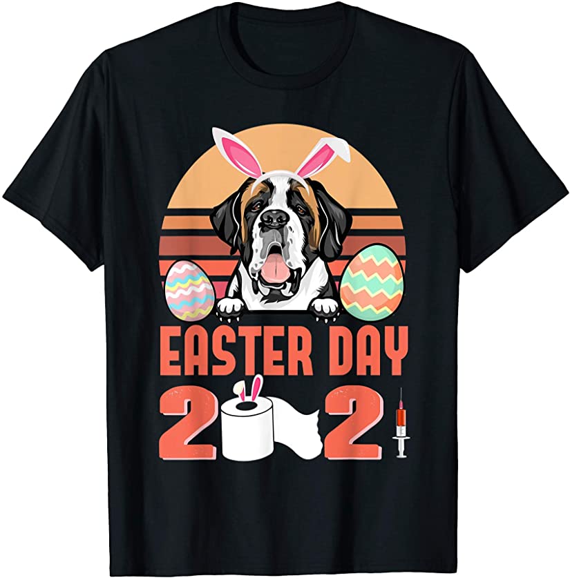 St Bernard Dog Face Mask Rabbit Bunny Egg Easter Day 2021 T-Shirt