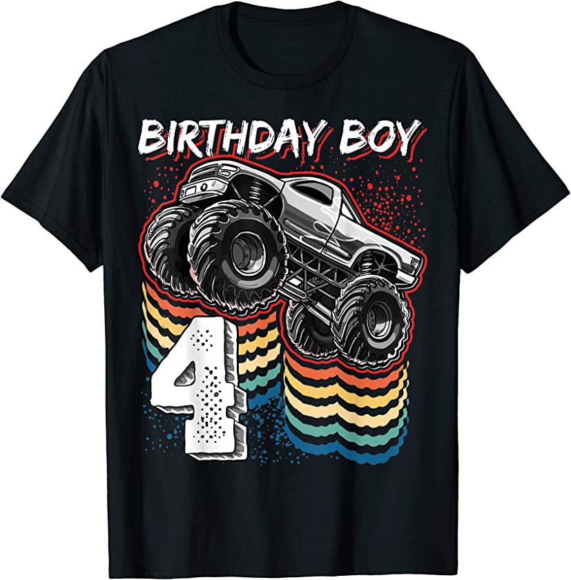 Birthday Boy 4 Monster Truck 4th Birthday Retro Vintage Gift T-Shirt