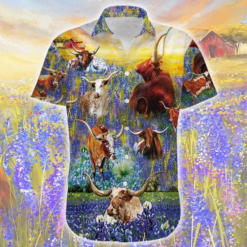 Felacia Amazing Texas Longhorn In Bluebonnets Unisex Hawaii Aloha Ha41872