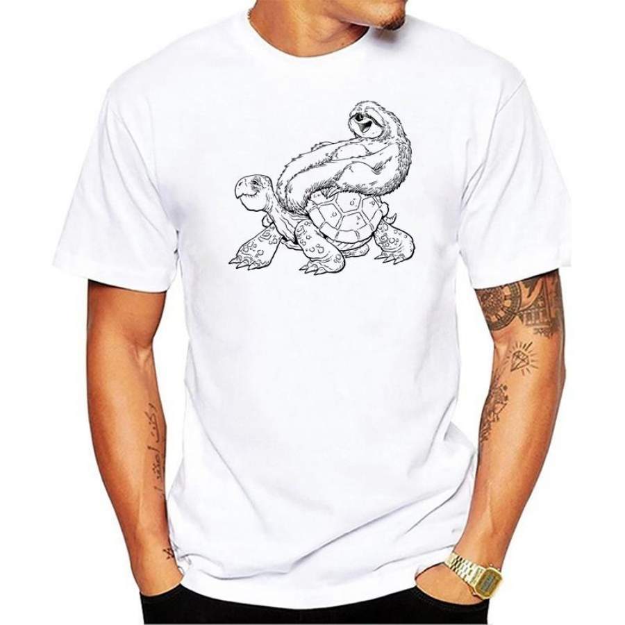 Men T Shirts Funny speed is relative sloth on tortoise Design Short Sleeve Casual Tops Hipster T-Shirt Cool Tee