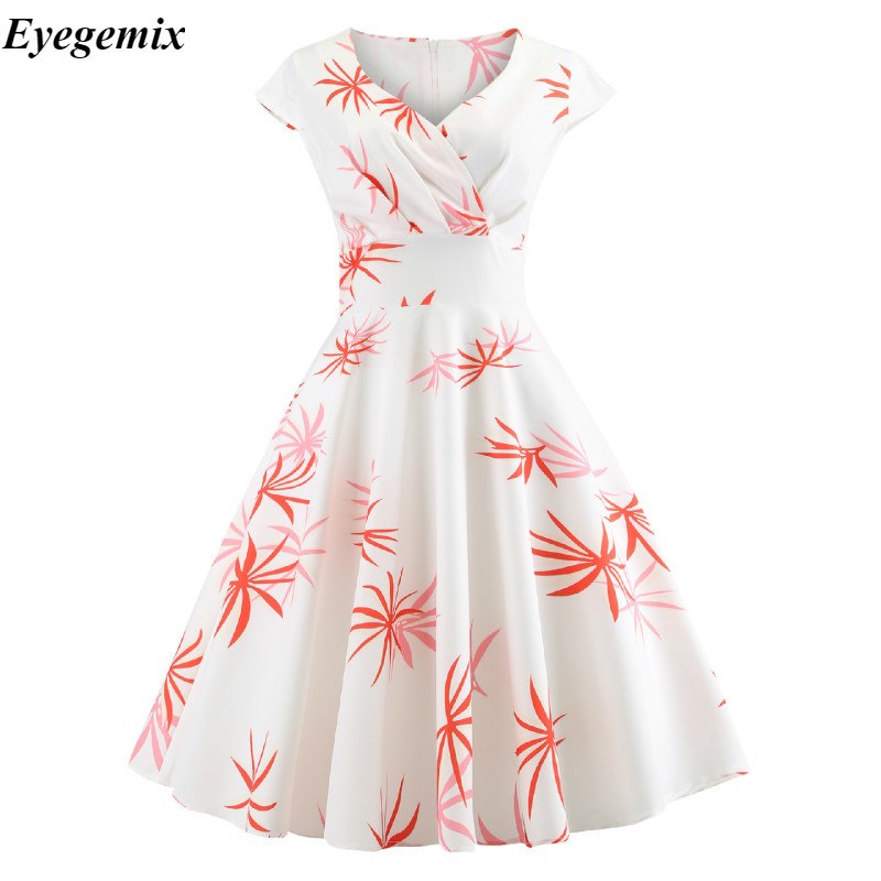 Office Vintage Birds Floral Print Midi Dress Women 2018 New Fashion V-Neck Short Sleeve Summer